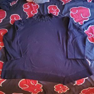 Rafaella Ribbed Black Sweater with Gold Stud Crew Collar & Asymmetrical Hem, 3x